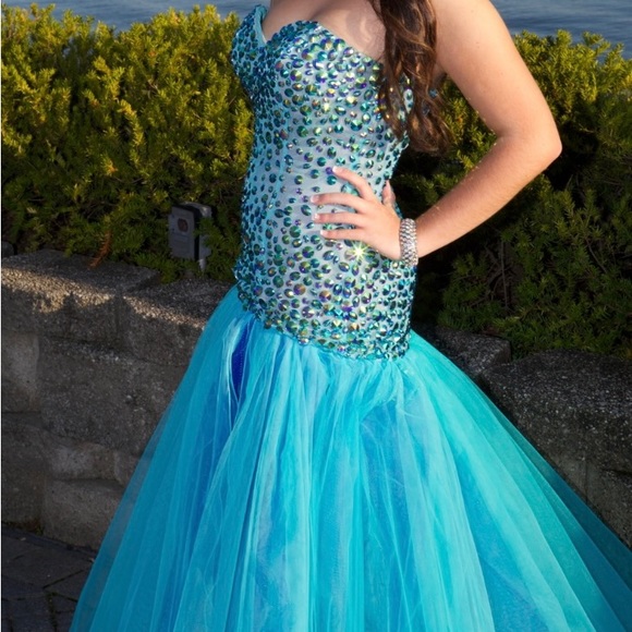 Sherri Hill Strapless Gown with beading, Aqua/Purple - Picture 1 of 4